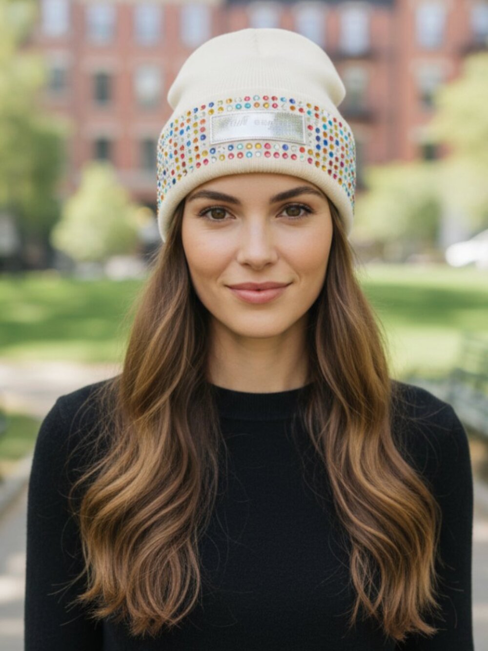 NWT Kurt Geiger London Logo Patch Crystal Cuff Beanie One Size, BONE MULTI